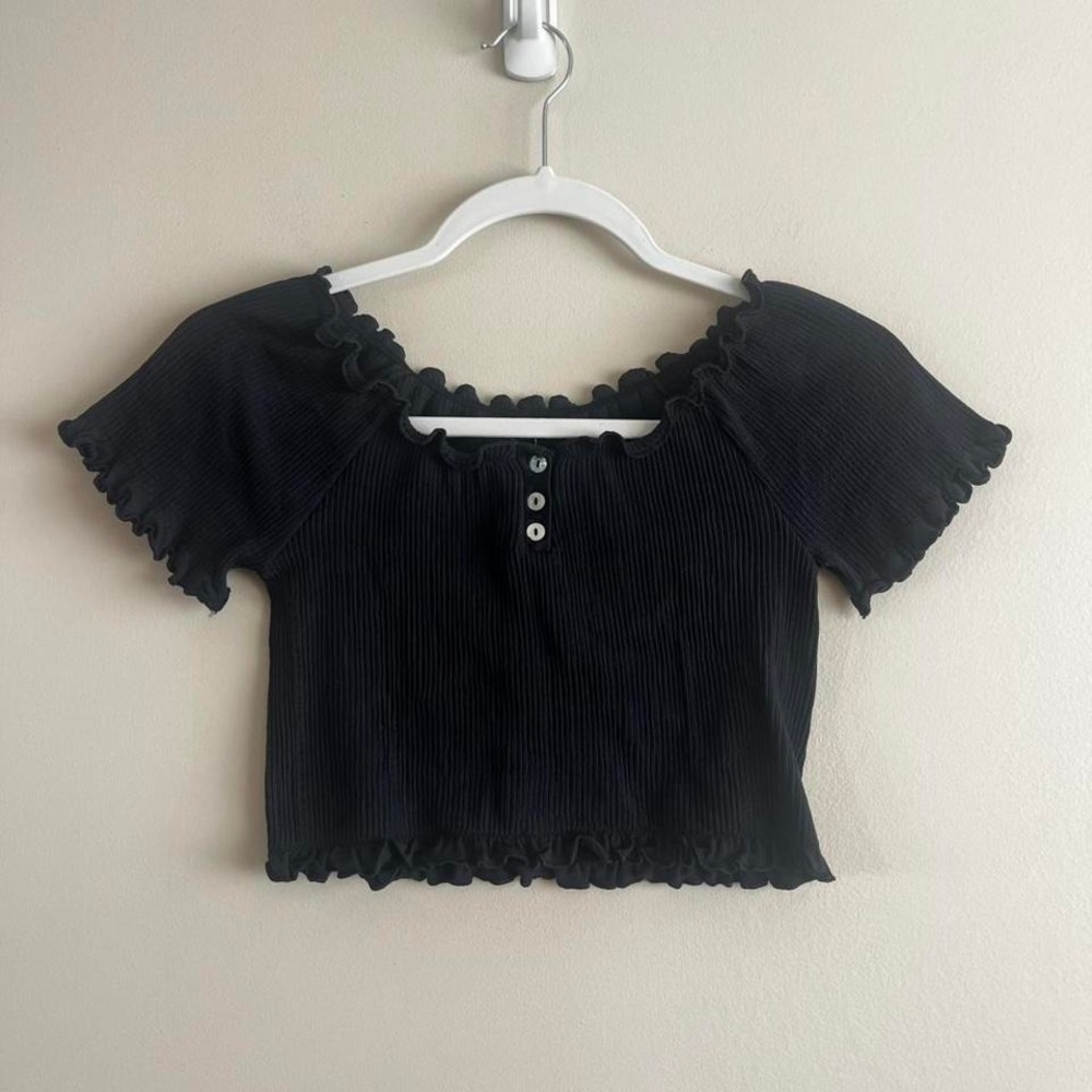 Anthropologie Black Ribbed Square Neck Crop Top L/XL NWT Flutter Sleeve Ruched
